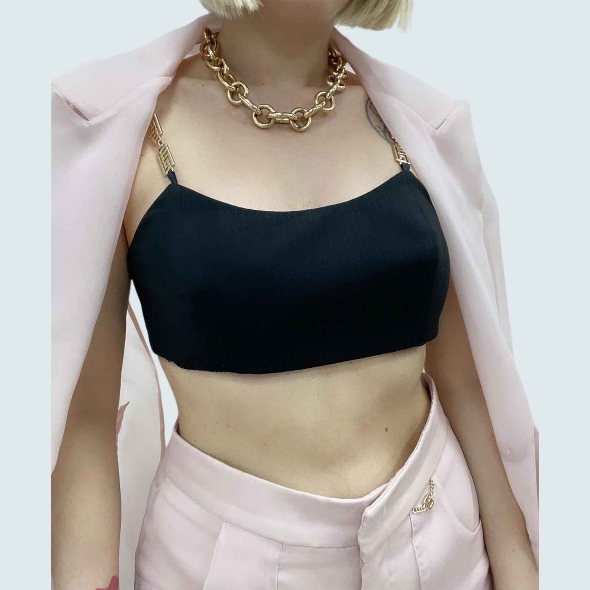 Crop Top gessato con inserti in oro
