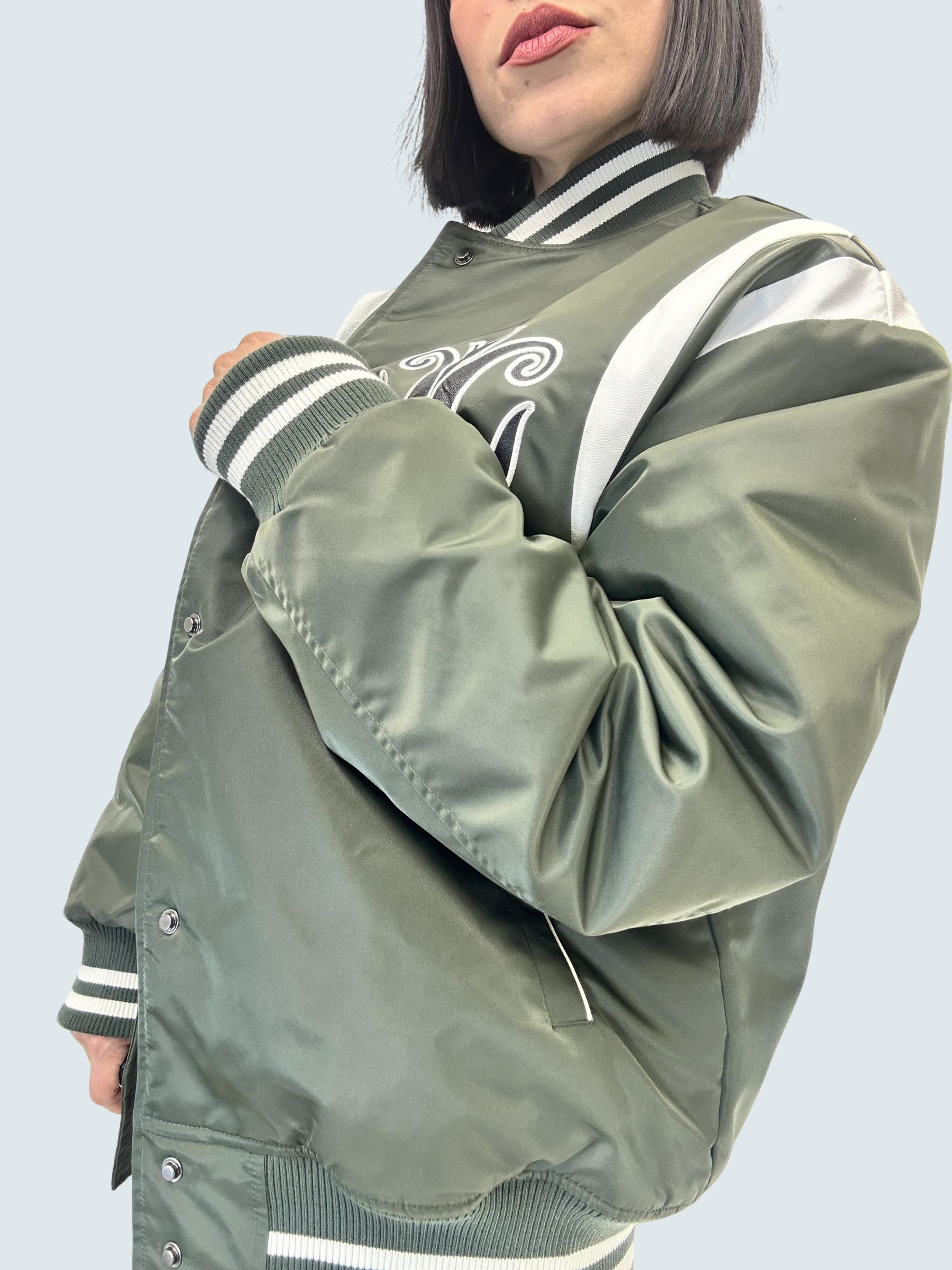 Bomber In Nylon Con Inserti In Ecopelle Verdone - GAELLE