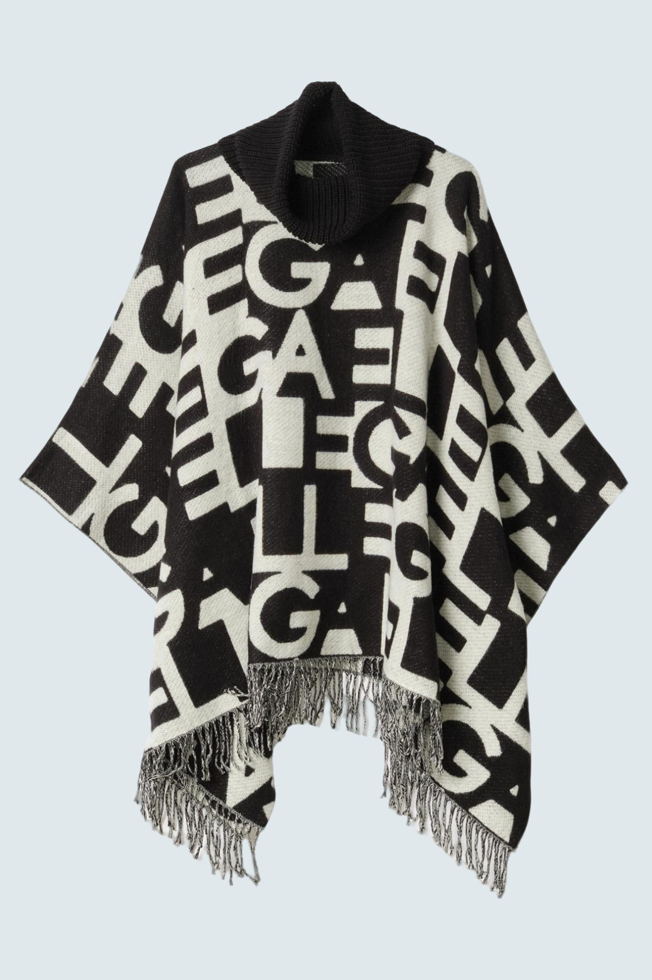 Poncho In Panno Con Collo Alto Nero-Offwhite - GAELLE