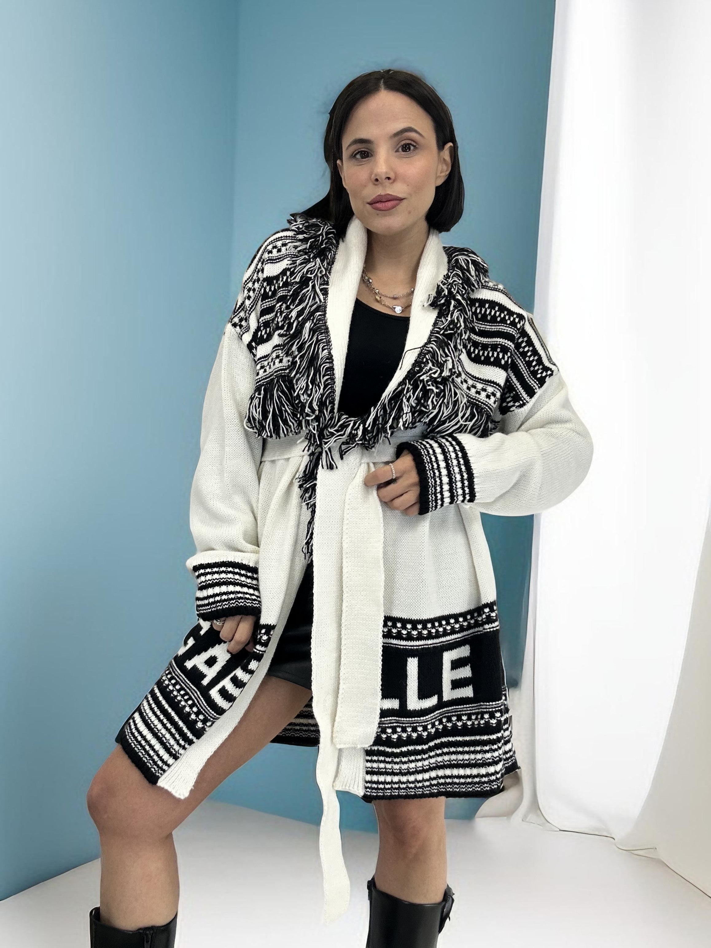 Cardigan Con Frange E Cintura Bianco - GAELLE