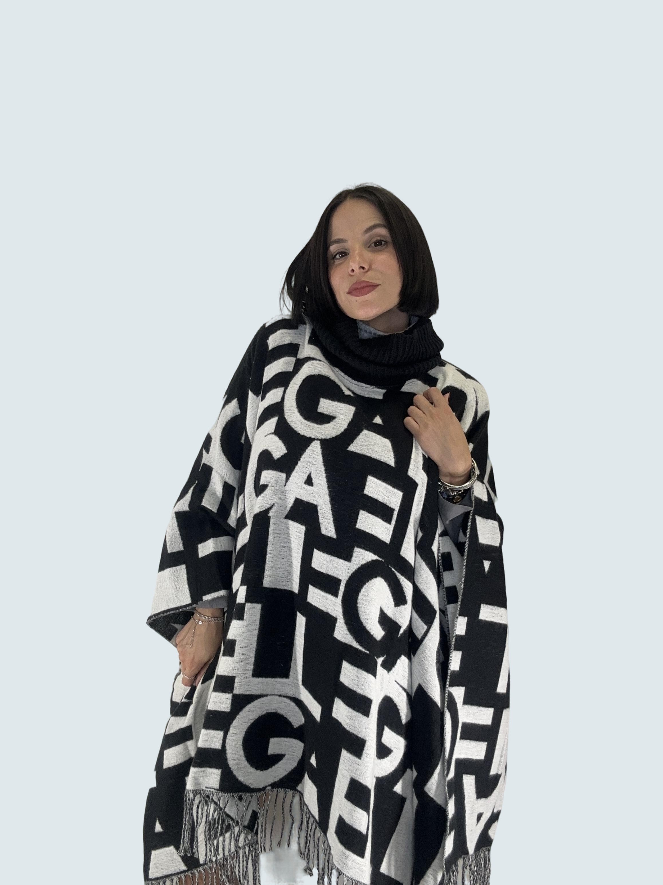 Poncho In Panno Con Collo Alto Nero-Offwhite - GAELLE